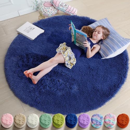 Image of Amdrebio Navy Blue Round Shag Area Rug 4Ft for Boys Room Kids Bedroom Dorm | Fluffy Shaggy Plush Soft Fuzzy Carpet, Living Room Classroom Nursery Office Decor, Coastal Aesthetic Ocean Nautical, Circle