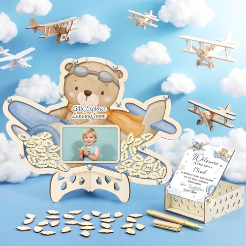 Image of Wenqik 63 Pcs Airplane Little Explorer Landing Soon Baby Shower Guest Book Alternatives Set Baby Shower Decorations with Photo Frame Sonogram Frame Keepsake 60 Wood Slices Guest Book for Birthday