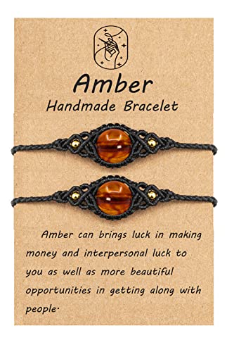 Lavoio Evil Eye Bracelets 10mm amber tiger eye Bracelets Adjustable Amulet for Women Men Little Boys & Girls (2pcs Amber Eye Bracelet)