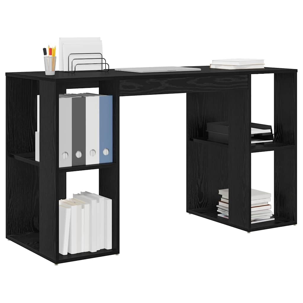 Scrivania con mensola nera effetto rovere, 130 x 50,5 x 75 cm, tavolo da lavoro per casa, ufficio, spazio per laptop, PC, monitor, gaming, studio, scrittura