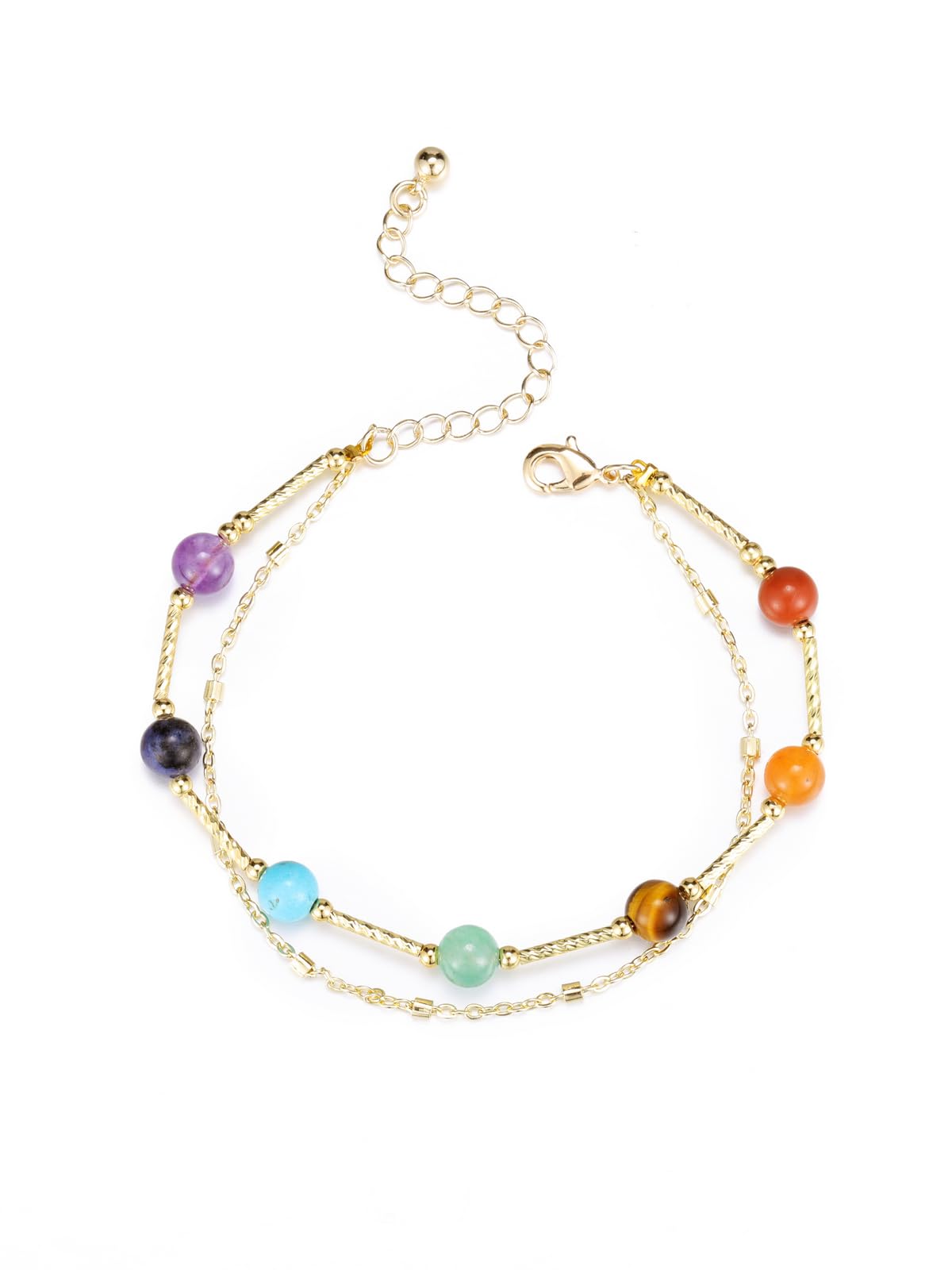 Jovivi Bracciale Chakra In Pietre Naturali Doppio Giro – Regolabile Con Fibbia, Perle 6mm E Oro, Portafortuna Per Donna