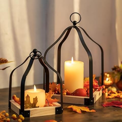 Romadedi Farmhouse Candle Lantern Decorative: Set of 2 Rustic Wood Candle Holder for Home Decor Living Dining Room Kitchen Fireplace Mantle Decorations Christmas Table Centerpiece Cover