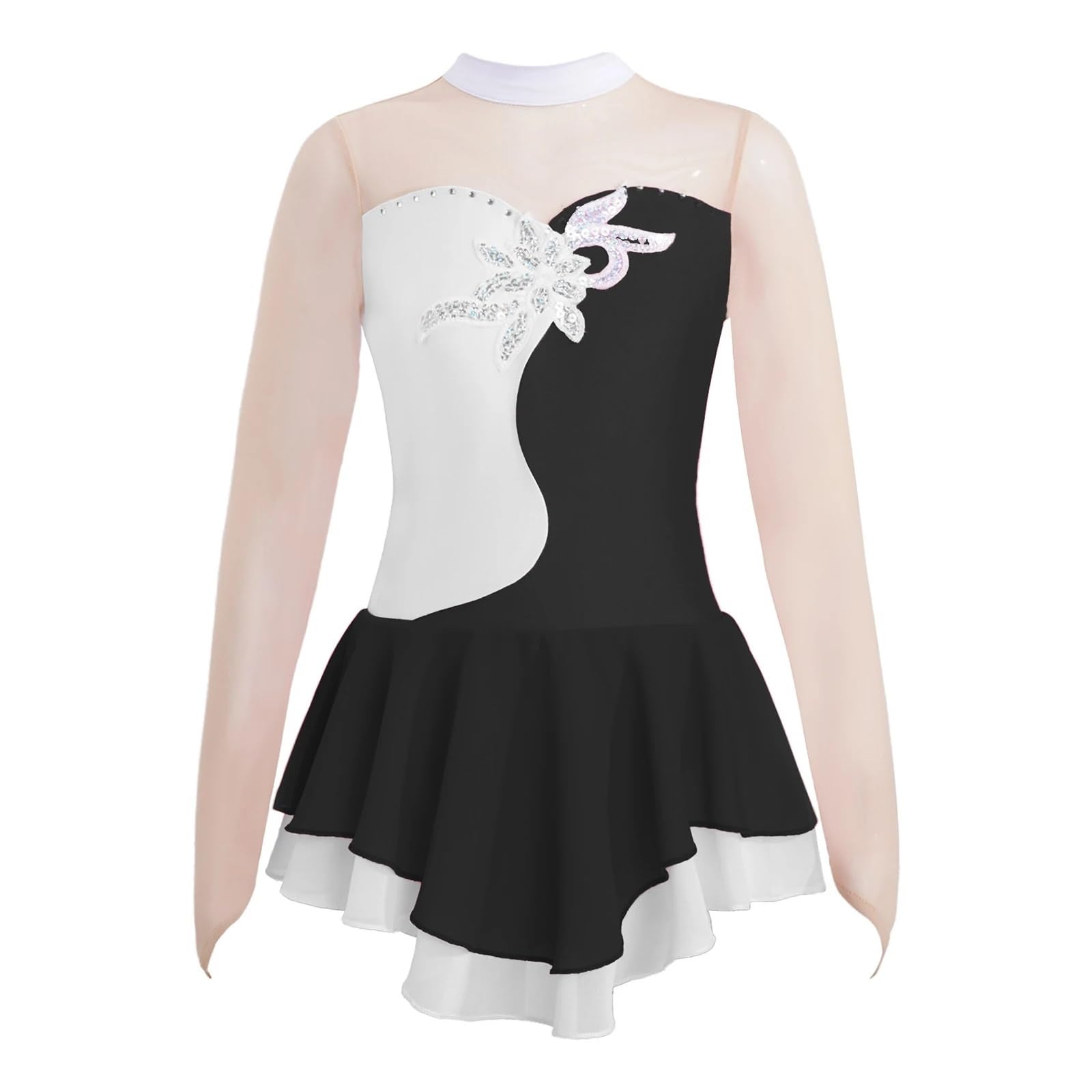 Gymnastikanzug Mädchen Strass Eiskunstlauf Kleid Mädchen Ballett Gymnastik Trikot Langarm Bühne Leistung Wettbewerb Tanz Kostüm(Black,16)