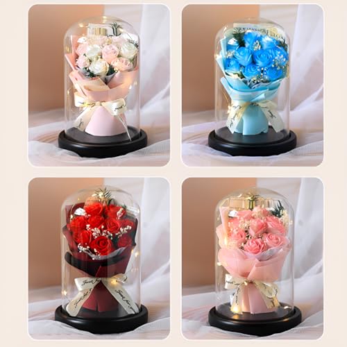 Gurehaプリザーブドフラワー 枯れない花 LEDライト付き 造花 女性 プレゼント ガラスドーム 薔薇花束 誕生日 母の日 ホワイトデー ギフト用 アレンジメント 退職祝い 敬老の日 記念日 雰囲気作り (ライチピンクのバラ9本) [5]