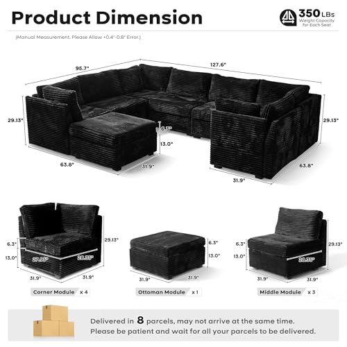 Image of ovios Modular Sectional Sofa Couch with Sofa Bed L-Shape Chaise, Comfy Plush Corduroy Cloud Couches, Modern Luxury Deep Seat Sofas Set for Living Room, 8-Seater, Black