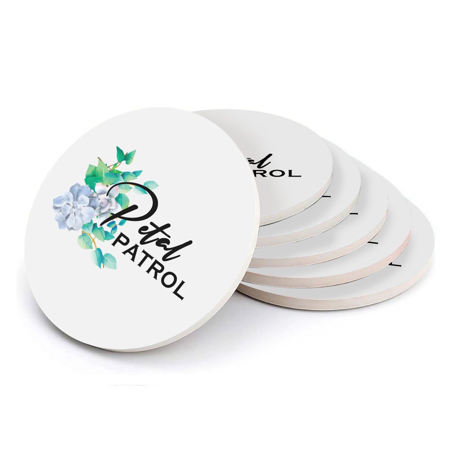 Sous-verres ronds en céramique Petal Patrol au design élégant de fleurs bleues pour la mariée