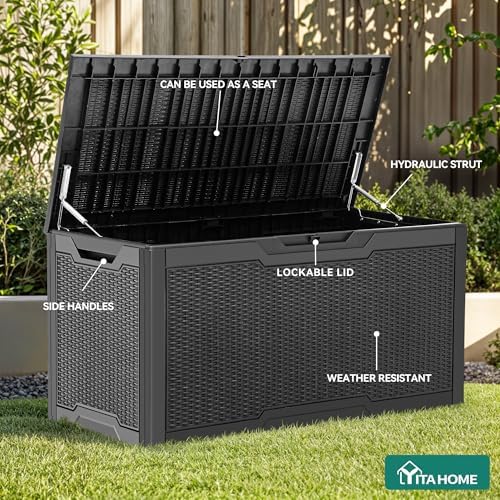 YITAHOME 100 Gallon Outdoor Storage Box, Large Water Resistant Resin Deck Box, Lockable Indoor Outdoor Container for Patio Garden Cushions Tools Equipment, Black - 4