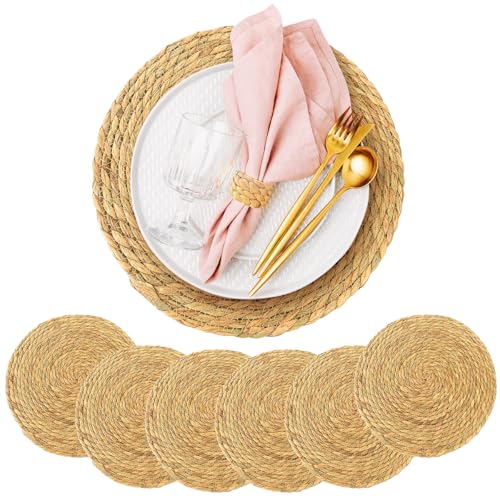 Pack of 6, Rustic Woven placemats, 13″ Round tablecloths for Dining Room, Kitchen, Holidays, placemats for Home, + 2 Free Napkin Rings