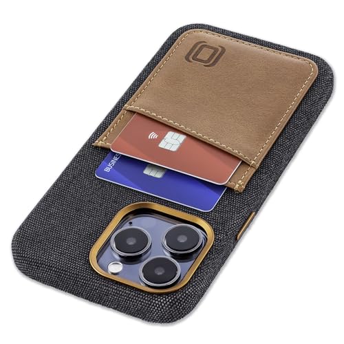 Image of Dockem Fabric Card Case for iPhone 15 Pro Max with Built-in Metal Plate for Magnetic Mounting, Stitched-on Genuine Leather Wallet with 2 Credit Card /ID Slots: M2F 15 Pro Max [Grey w /Light Brown]