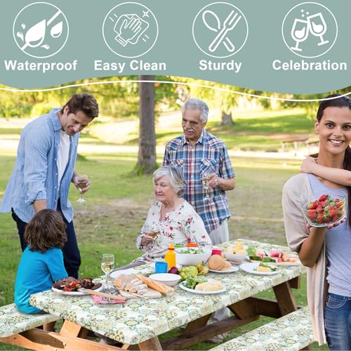 Image of misaya Picnic Table Cover with Bench Cover, Waterproof Elastic Fitted Tablecloth for 5 Foot Tables, Rectangle Washable Polyester Tablecloths for Picnic, Camping, Outdoor (Paisley Flower, 30 inch x 60 inch)