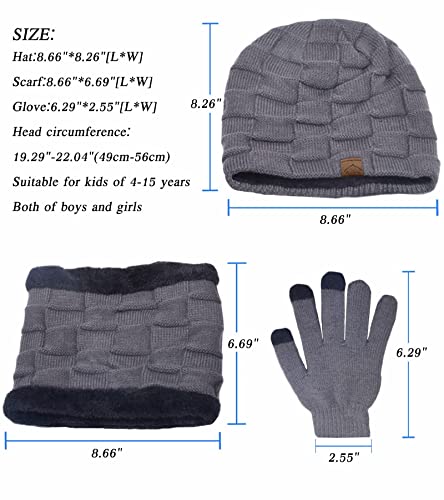 Kmoly Kids Winter Beanie Hat Scarf Touchscreen Gloves Set For Boys Girls 4-15 Years Warm Skull Cap Fleece Lined Knitted Hat (Grey) #TOP4