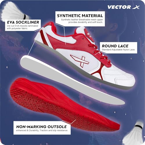 Image of Vector X Ranger Synthetic Leather + Mesh Badminton /Court Shoes Plus Non Marking Crepe Rubber Outsole, Lightweight & Comfort Shoe Best for Squash, Table Tennis,Volleyball, Basketball & Indoor Sports
