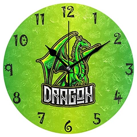 Sawhonn Vintage Dragon Dinosaur Green Animal Wall Clock Silent Non-Ticking Battery Operated Round Clocks for Boys Girls Home Room Bedroom Kids Cover