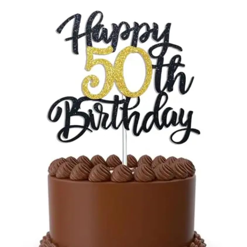 Happy 50th Birthday Cake Topper – Black & Gold Glitter | Pre-Assembled 50th Birthday Decorations for Women & Men - Cheers to 50 Years 50 and Fabulous