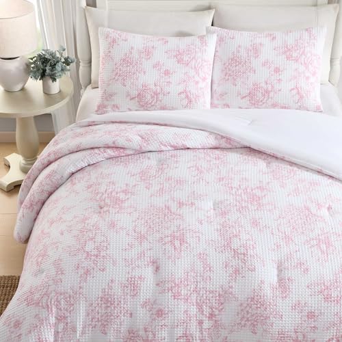 Image of Laura Ashley - Comforter Set, Soft Poly Waffle Textured Bedding with Matching Shams, Delicate Floral Design (Delphine Pastel Pink, Full /Queen)