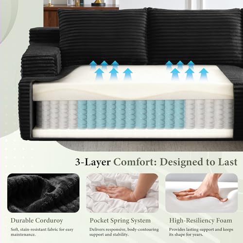 Image of 96 inch Sectional Couches for Living Room Cloud Couch Sofa with L-Shape Upholstered Boneless Couchs Modern Modular Sectional Couch with Chaise (Black, 96 inch L Shaped with Right Facing Chaise)