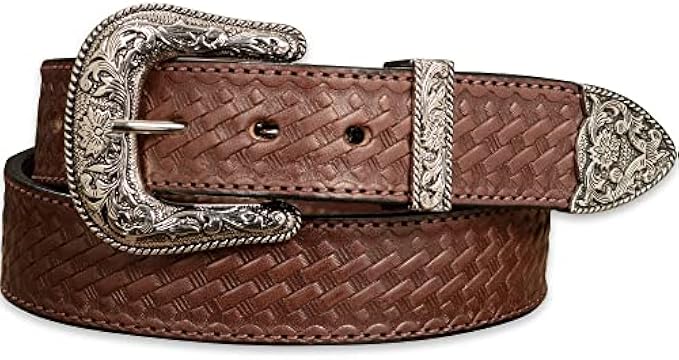 Bullhide Belts Mens Leather Western Belt, Genuine Full Grain Leather Basket Weave Embossed Belts 1.50" Wide, Made in the USA