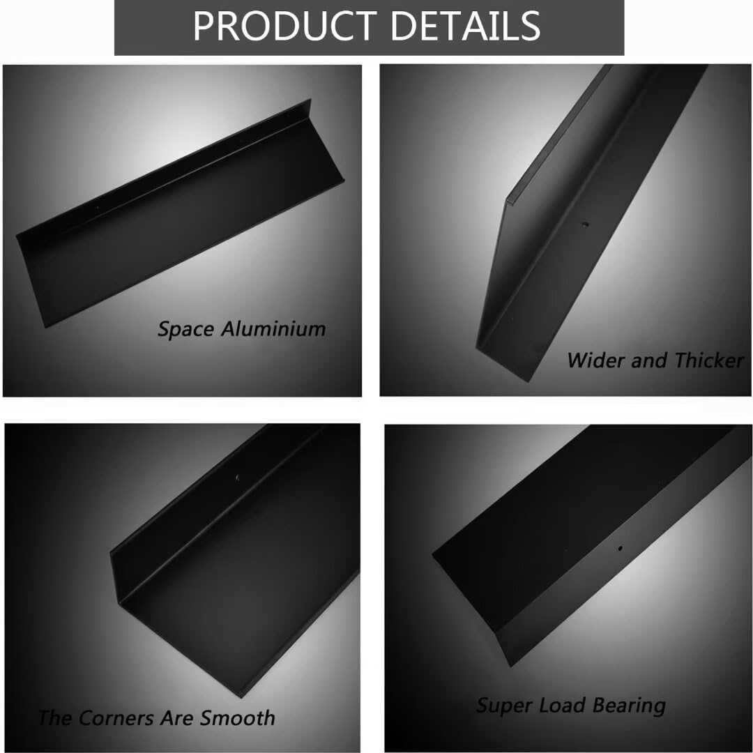 3 mensole da parete da 20 cm, in alluminio nero, senza trapano e foratura, versatili per bagno, camera da letto, cucina, mensole galleggianti moderne