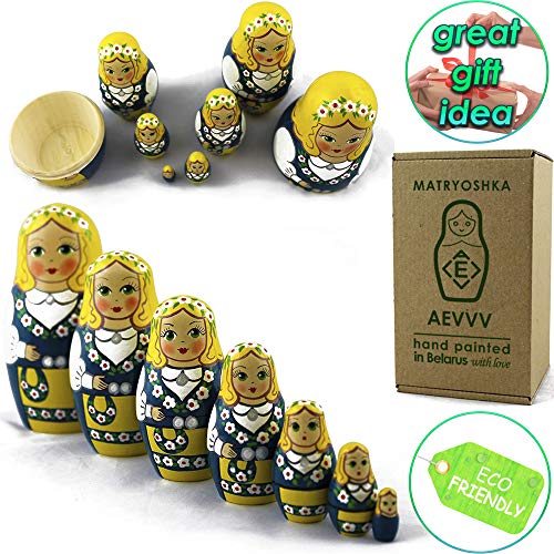 Matreshka Dolls Swedish National Costume Set 7 Pcs - Wooden Matryoshka In Nordic Ethnicity Folk Dress - Russian Nesting Dolls Stacking Toys For Kids 7 Pieces #TOP4