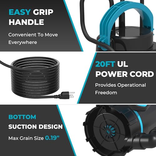 Bomgie 1/2HP 3170GPH Sump Pump with Automatic Float Switch, Submersible Water Pump Portable Clean/Dirty Water Utility Pumps for Pool Draining, Basement Flooding, Garden Pond Low Water Level 20ft Cord - Thumbnail 3