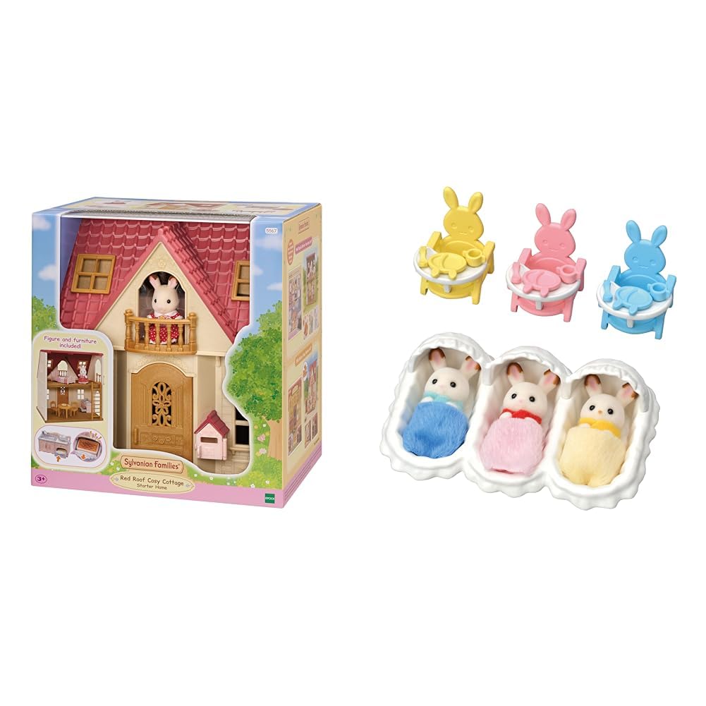Sylvanian Families 5567 Red Roof Cosy Cottage Starter Home - Dollhouse Playset nouveau packaging & Les triplés lapin chocolat et accessoires puériculture - 5532 - Figurines Prêt-à-jouer - Mini Poupées