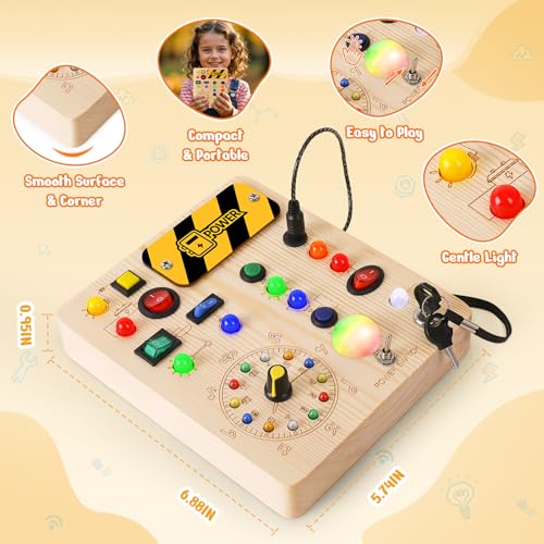 Image of Busy Board with Led Light, Montessori Toys for 1-3 Years Old Boys Girls Wooden Toddler Toys Birthday Gift Educational Toys for 1+ Year Old, Toddler Travel Toy Sensory Toys for Kids with Autism