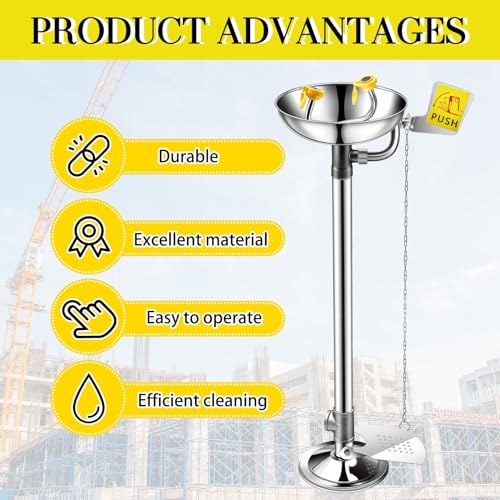 Image of Yaocom Eye Wash Station Stand up Emergency Pedestal Mounted Eyewash Station Adjustable Water Flow Hands Free Operation Stainless Steel Floor Mount Eyewash with Dual Spray Head and Pedal(Silver)