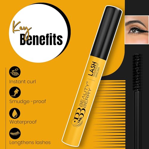 Image of Beauty Berry Lash Waterproof Mascara for Women - Jet Black Volumizing & Lengthening Mascara | Smudge Proof Non-Clumping Curling Formula for Silky Defined Lashes