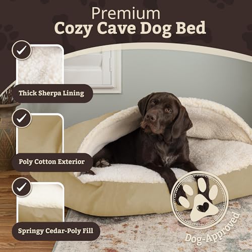 Image of Snoozer Rectangle Cozy Cave Dog Bed, Hooded Dog Bed, Khaki (S)