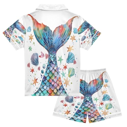 ALAZA 3d Mermaid Starfish Seashell Watercolor Satin Pajamas Set Short Sleeve Button Down Sleepwear Summer Pjs 2 Piece2