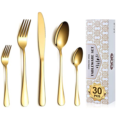 Merecho Besteckset für 6 Personen, Edelstahl Essbesteck Set 30 teilig, Besteckset mit Messer Gabel Löffel, Gold Besteck Set, Tafelbesteck Set, glänzend, Spülmaschinenfest