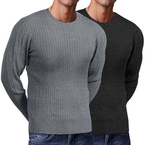 Riyiper 2 Pack Men's Cable Knit Sweaters, Crewneck...