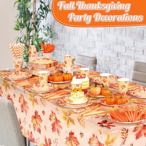Image of Funnymoom 452 Pcs Thanksgiving Fall Party Decorations, Maple Leaves Thanksgiving Paper Plates Napkins Cups Tablecloth Cutlery Straws for Autumn Fall Theme Birthday Holiday Party Supplies, Serves 50