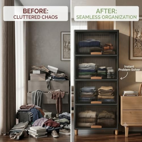 Image of YouCopia Collapsible Wardrobe, 4 Tier Foldable Plastic Clothes Storage Cabinet with Transparent Magnetic Doors, Dustproof Stackable Portable Wardrobe Organizer for Bedroom, Kids