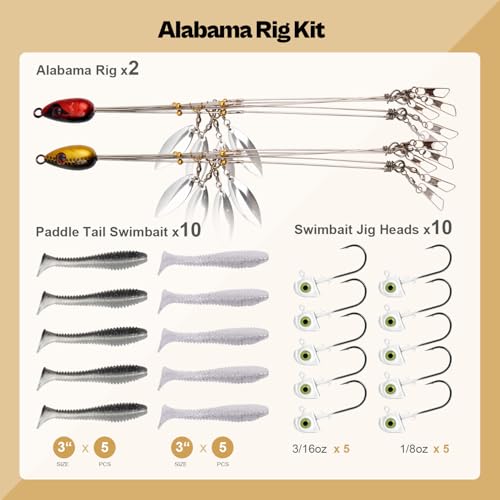 Image of Alabama Rig (A-Rig) Fishing Lures Kit - 2 Rigs, 10 Jig Heads & Swimbaits, Tackle Box for Striper /Bass Fishing