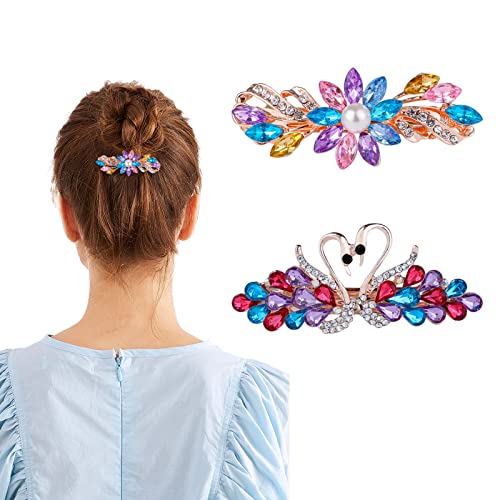 2 Pcs Crystal Rhinestones Flower Swan Hair Barrettes Spring Hair Clip Fashion Sparkly Glitter Hairpin Wedding Hair Accessories for Women