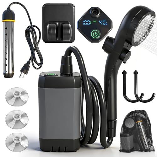Portable Shower for Camping with Immersion Water Heater 6000mAh Rechargeable Camping Shower Pump with Intelligent LED Display Outdoor Camp Shower Pump for Hiking Traveling Car Washing Pet Bath