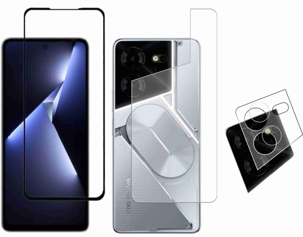 ICROMECK 3in1 Camera Lens Nano Glass + Anti Scratch Front & Back Guard Screen Protector for TECNO POVA 5 PRO (Front & Back + Camera Guard)-S107