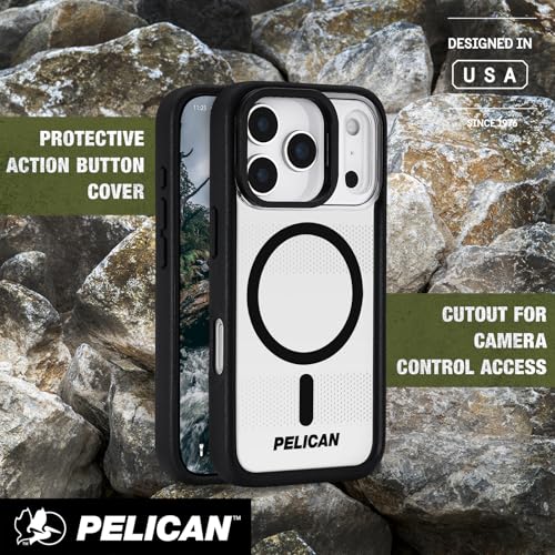 Image of Pelican Protector iPhone 17 Pro Case with Camera Stand - Clear | Compatible with MagSafe Rugged Phone Case with 16ft Military-Grade Drop Protection -Heavy Duty Phone Cover for iPhone 17 Pro
