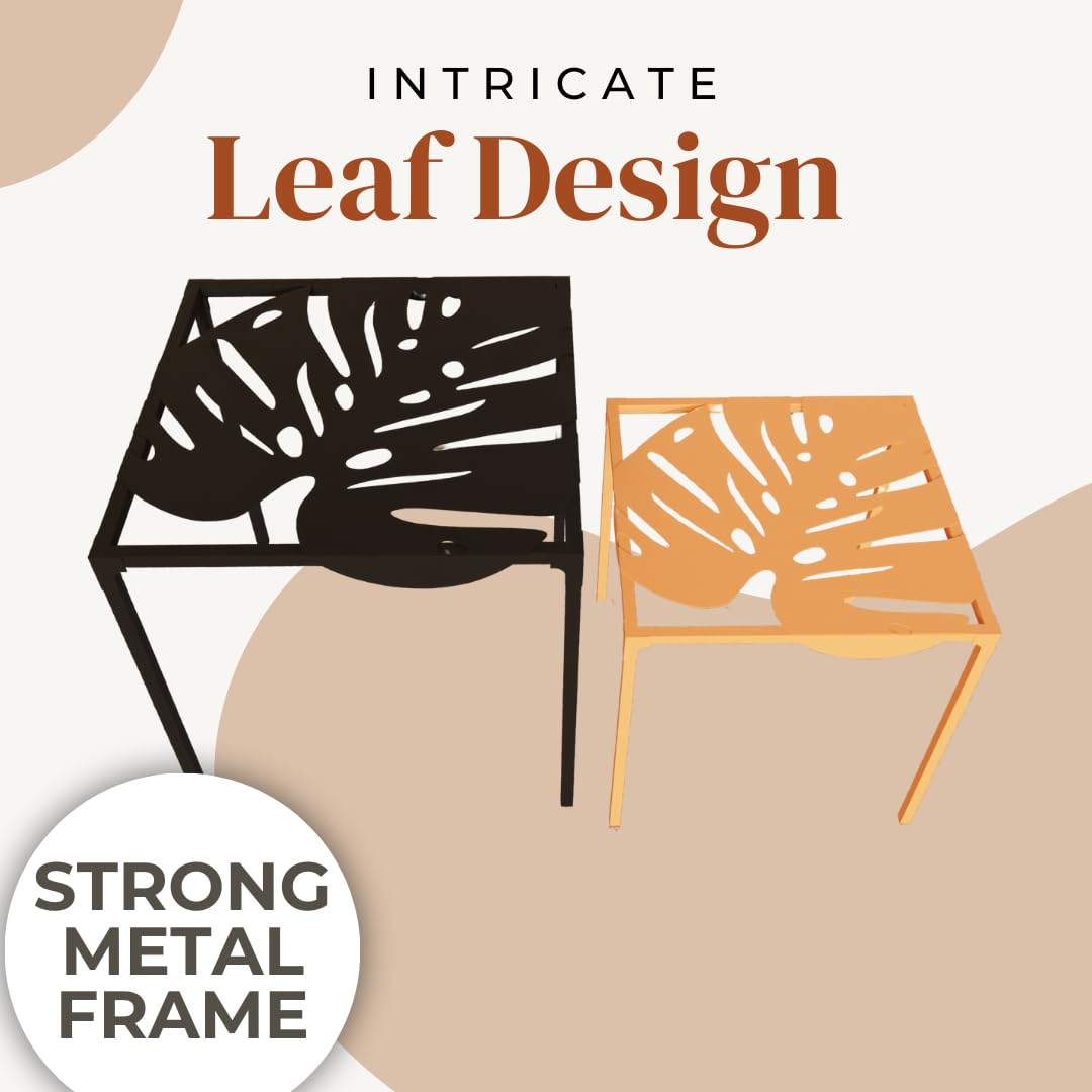 COGO Leaf Metal Coffee Tables (Set of 2) | Black & Orange | Matte Finish | Stackable Nesting Table | Center Table for Living Room, Balcony, Office, Bedroom | Stackable & Easy to Clean | 18 & 15 inch 1