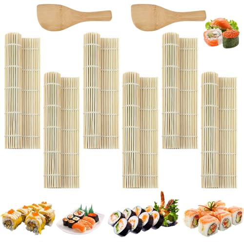 GTNCE 6 Pezzi Stuoia per Sushi 24x24 cm, Tappetino per Sushi in Bambù Naturale con Cucchiaio da Riso, Riutilizzabile e Lavabile, Set per Sushi Fatti in Casa per Principianti e Professionisti