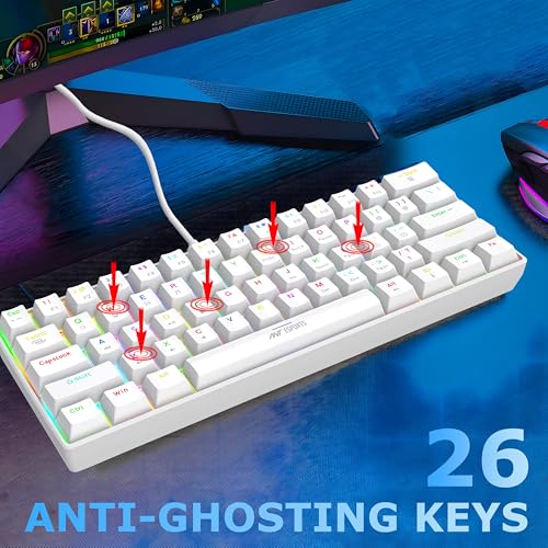 Image of Ant Esports MK1300 V2 60% Wired Mechanical Gaming Keyboard, 61 Keys Compact Mini Software Controlled, RGB Backlit,Hot-Swappable Red Switches, Detachable USB-C, Anti-Ghosting, PC /Mac Compatible - White