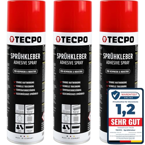 TECPO 3x Sprühkleber, 500ml Industriekleber, Kontaktkleber Alleskleber für Leder, Schaumstoff, Kunststoff, Metall, Papier, Gummi uvm.