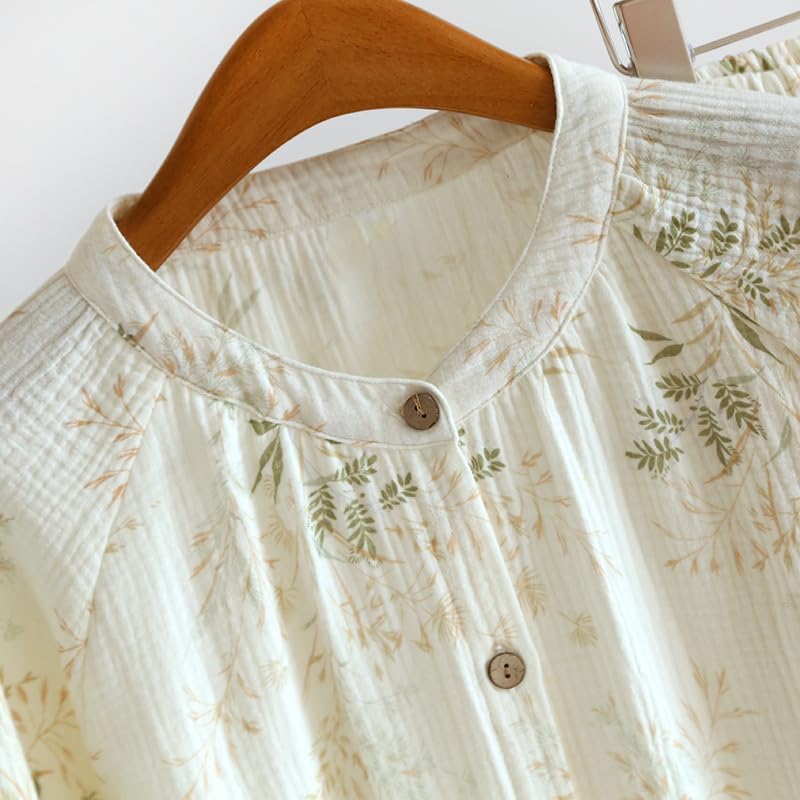 Womens Cotton Gauze Pajama Sets Muslin Pj Set Crew Neck Button Down Sleepwear 2 Piece Lounge Set - Image 2