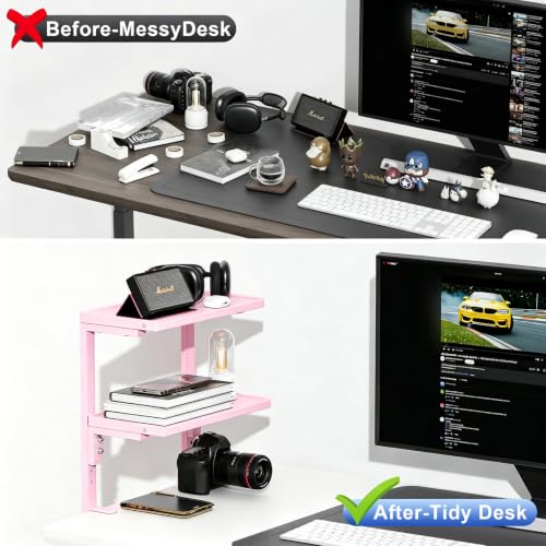 Image of 2-Tier Desk Shelf, Expandable Under Desk Storage, Clamp on Desk Shelf, Desktop Accessories for Offices, Study Rooms, and Game Rooms (Pink)