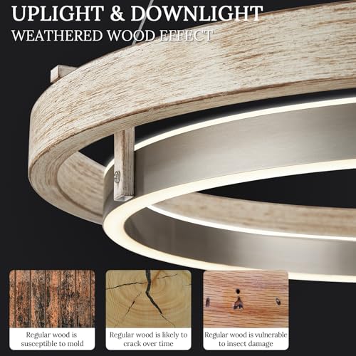 Image of LED 2 Ring Chandelier Dimmable Up Down Light Weathered Wood Brushed Nickel
