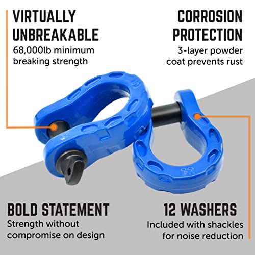 Gearamerica Mega D Ring Shackles – 68,000 Lbs Capacity, Stronger Than 3/4" D Rings –Tow Shackle, 7/8" Pin & Washers – Securely Connect Tow Strap Or Winch Rope For Off-Road Recovery – Blue, 2-Pack #TOP1