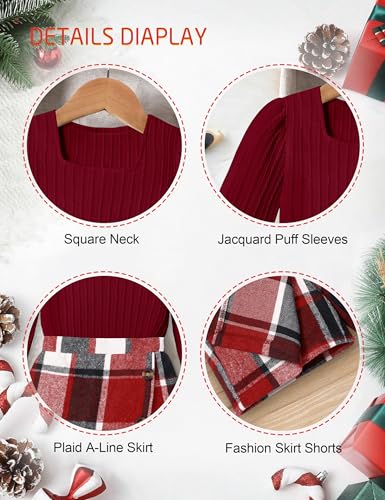 Image of AGAPENG Girl Skirt Sets 3 Piece Outfits Square Neck Jacquard Puff Sleeve Tops Plaid Mini Skirt Shorts Fall Winter Clothes