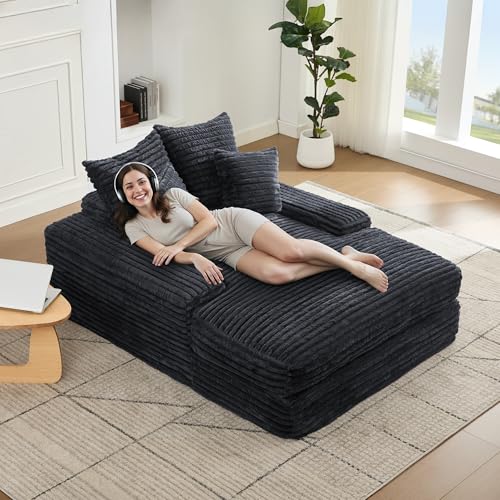 NuvlaGu Sofá cama de pana de lujo – Sofá moderno con 4 cojines, sofá de pana ultrasuave y multifuncional, sin montaje, ahorra espacio, para salón y apartamento (gris)