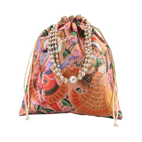Image of Kuber Industries 2 Pcs Potli Bag For Women & Girls With Pearl Handles | 8x9 Inch Gifting Handbag /Purse - Ideal For Party, Wedding & Events | Radha Krishna Print - Peach & Green